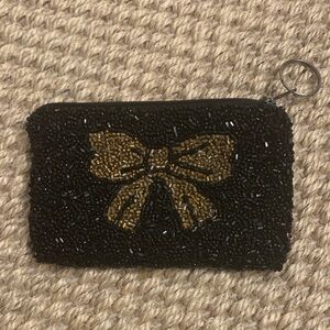 Moyna Beaded Black Zip Pouch with Gold Bow Accent NEEDS NEW ZIPPER